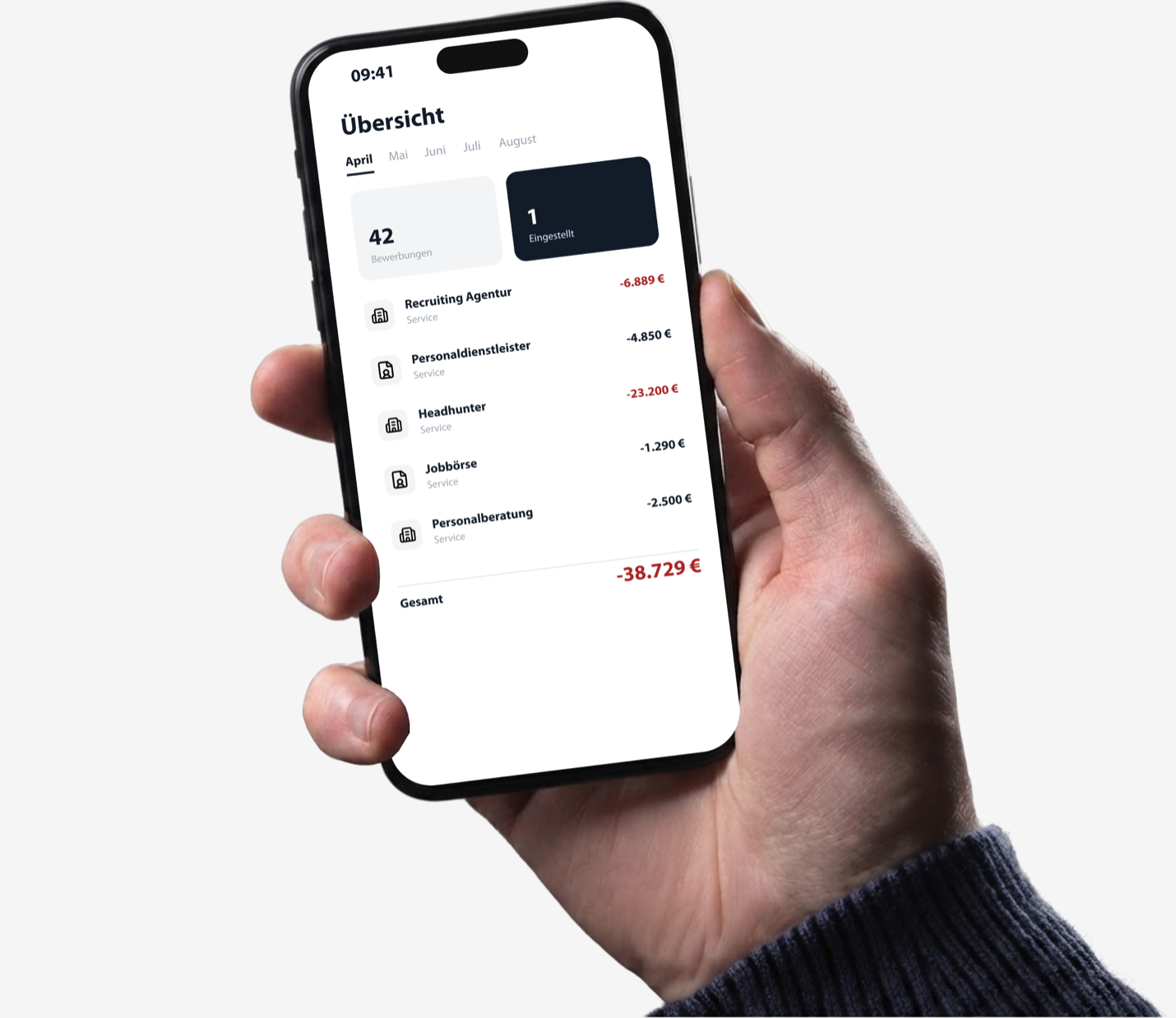 Hand hält ein Smartphone mit der Übersicht der Recruiting-Ausgaben
